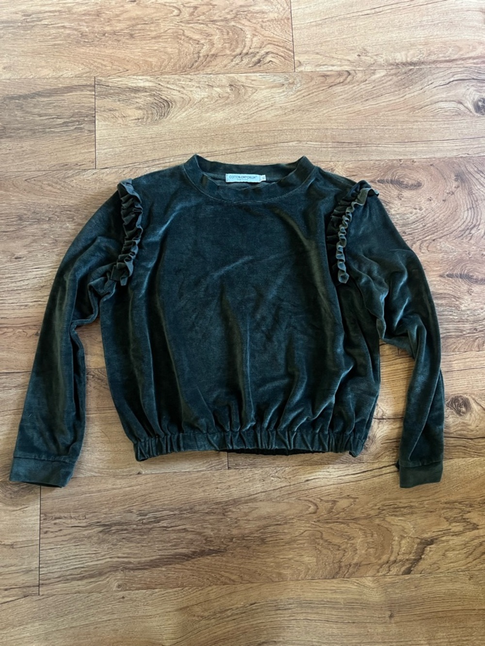 Cotton Emporium Velvet Ruffle-Shoulder Pullover - Dark Green